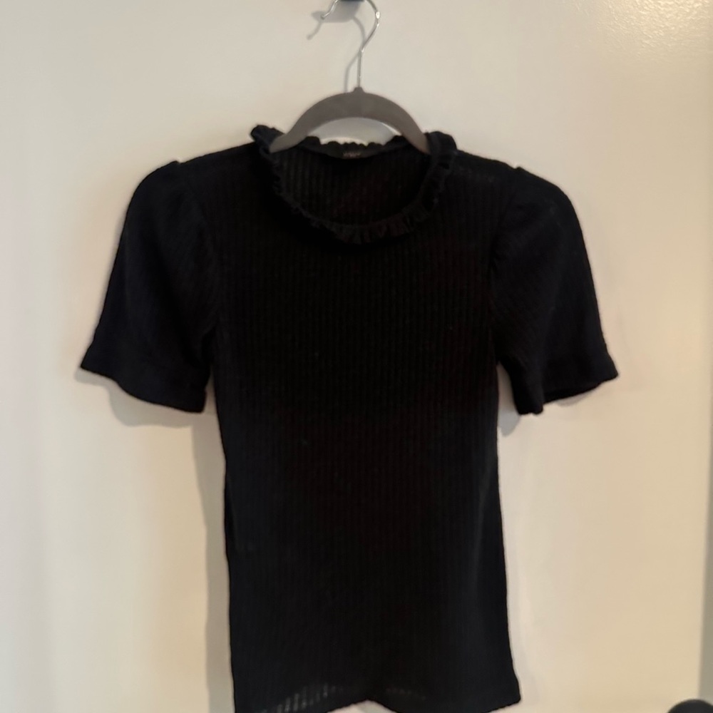 J Crew black short sleeve top with ruffle sleeve and collar
